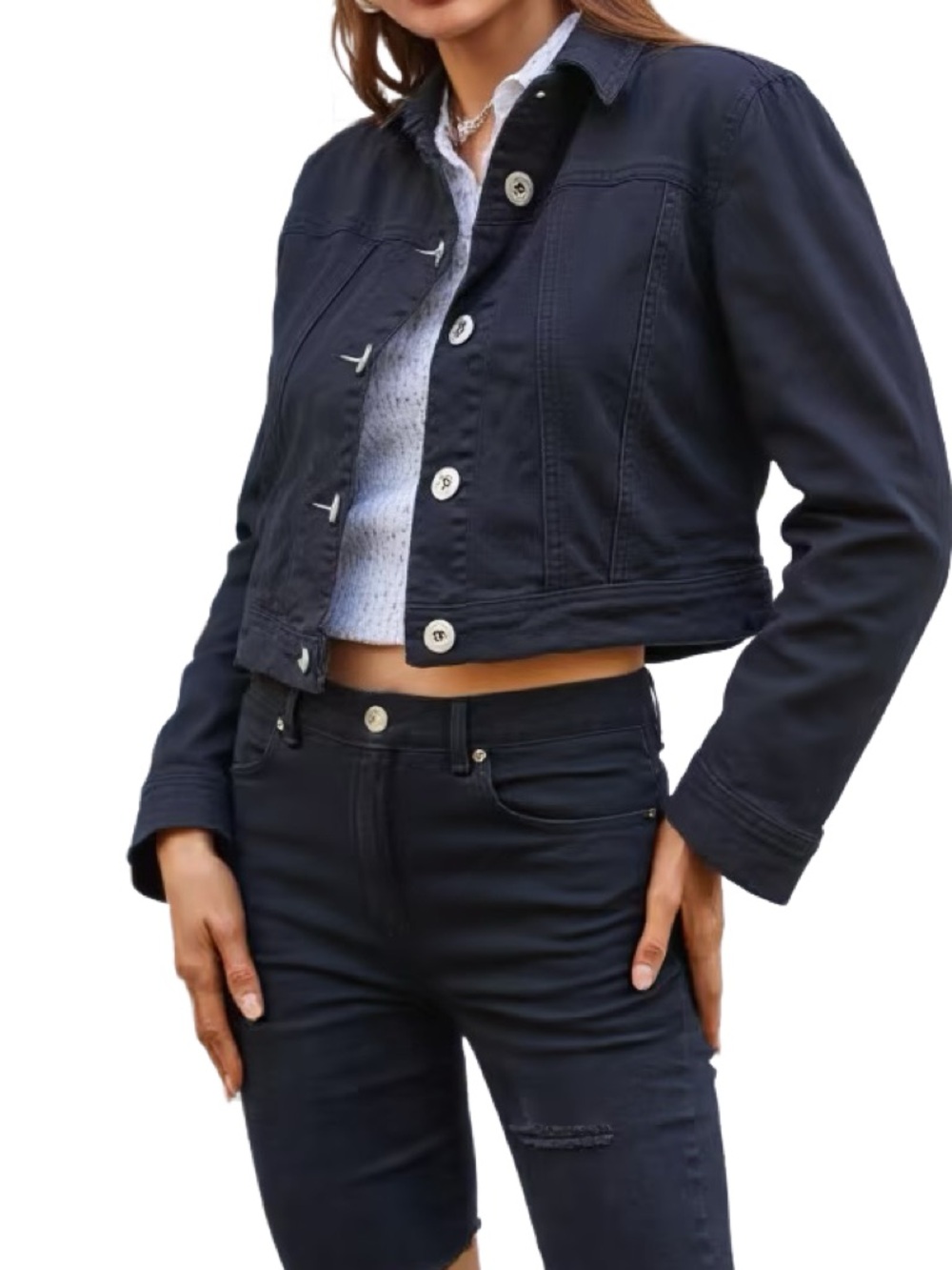 Bershka Black Cropped Fitted Jean Jacket Size Small
